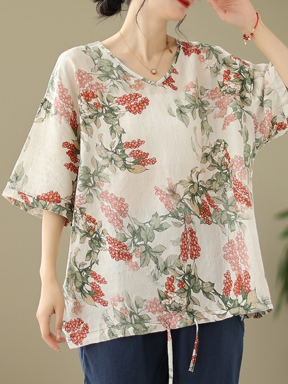 Summer Loose Cotton Linen Prin - Short Linen Drawstring review and price