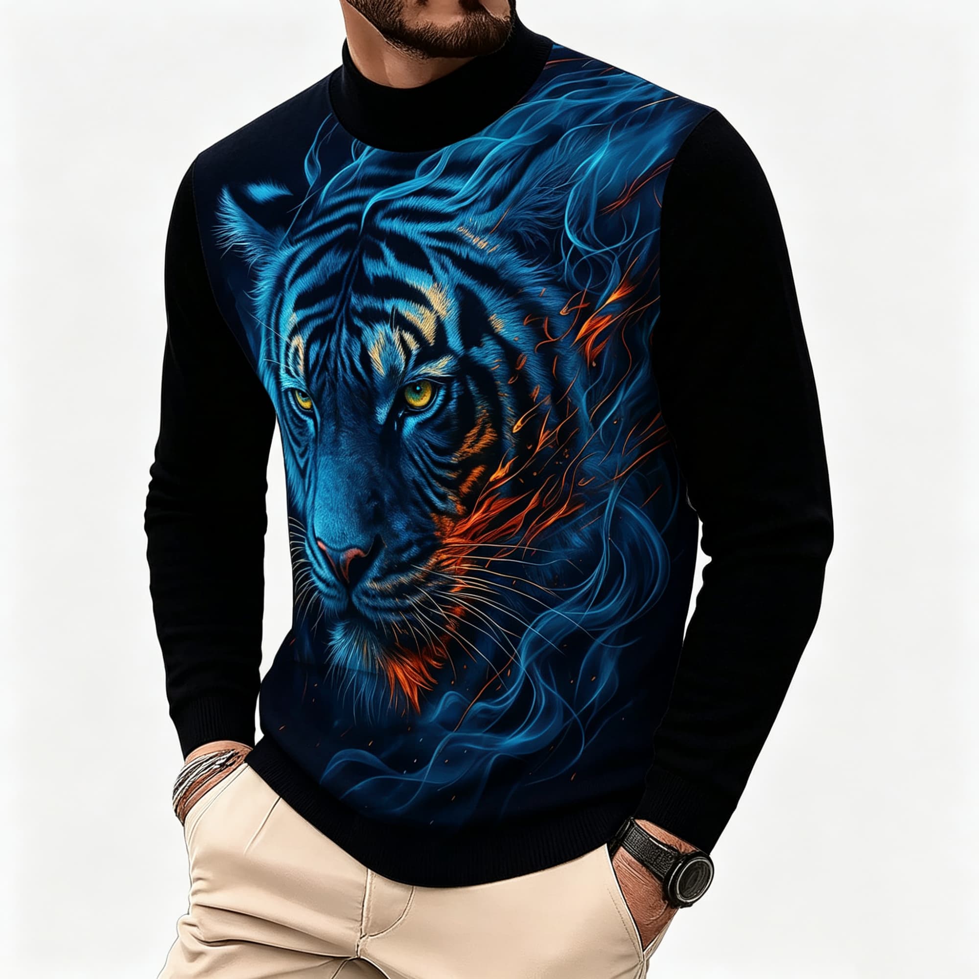 Neon Blue Flame Tiger Animal A - Tee Graphic Print review and price