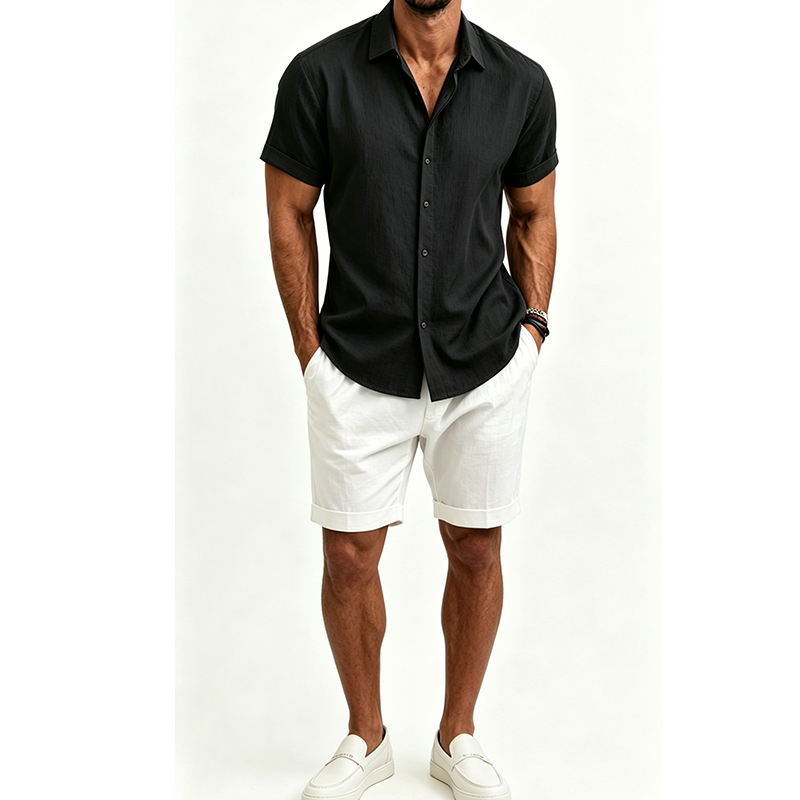 Men's  Cotton Linen Shirt Set  - Short Linen Drawstring review and price