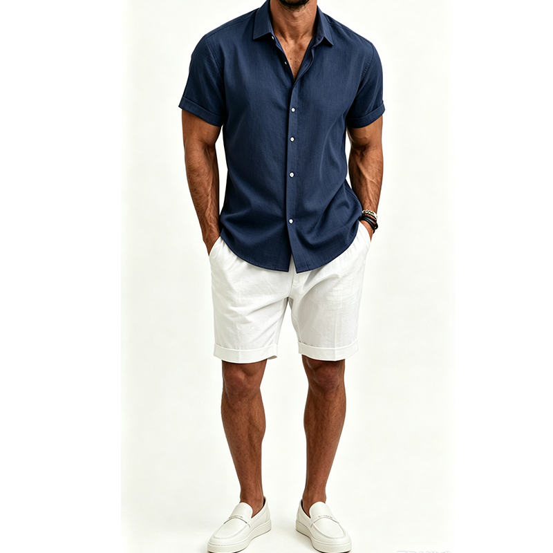 Men's  Cotton Linen Shirt Set  - Short Linen Drawstring review and price